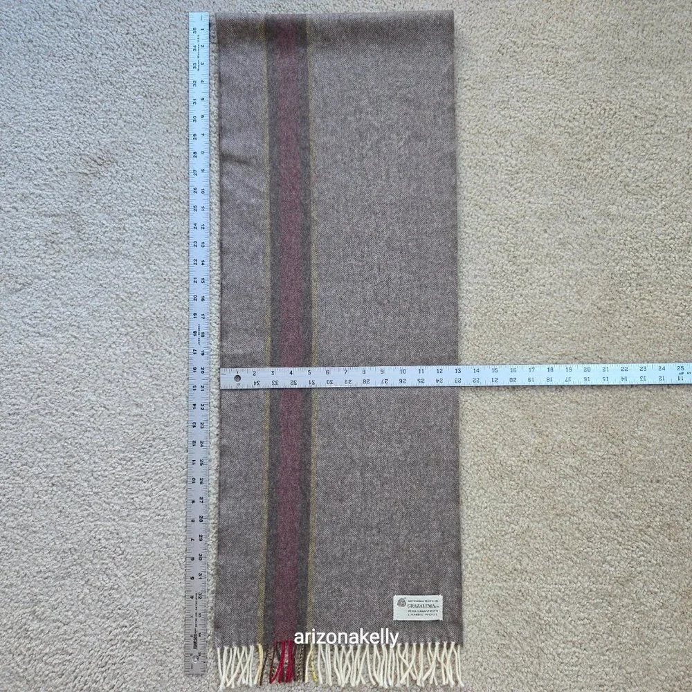 NWOT Wool Herringbone Scarf Brown with Burgundy & Yellow Stripe